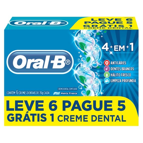 Creme Dental ORAL-B 4 em 1 Anticries Menta 70g  Leve 6 Pague 5